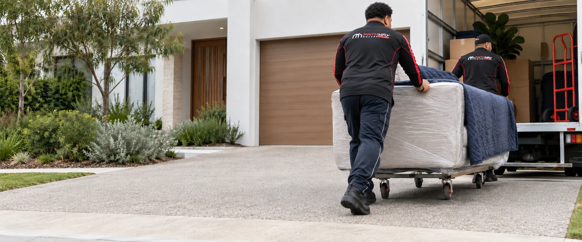 Pathway Movers carrying protected furniture to a moving truck