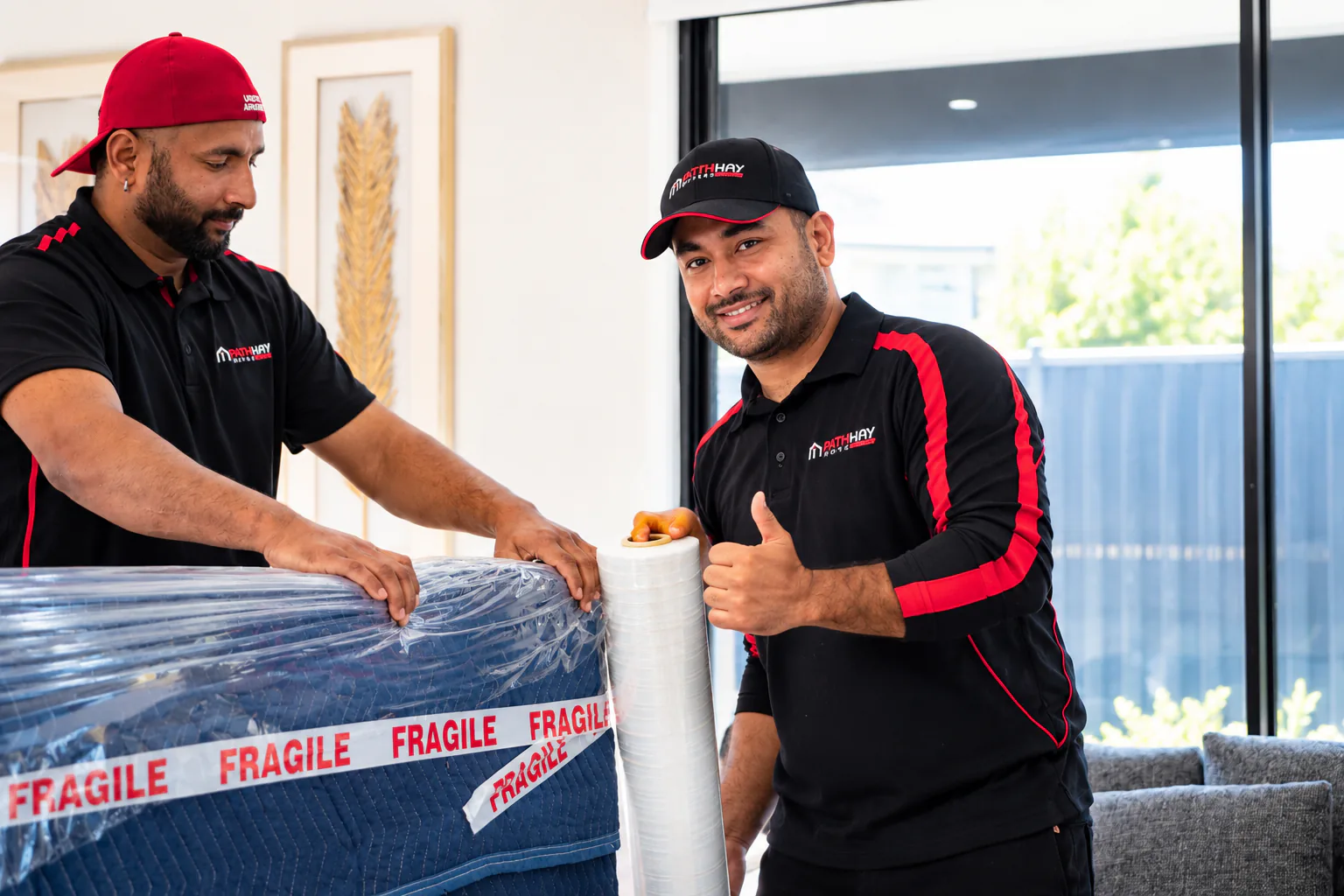 Pathway mover protecting furniture with stretch wrap